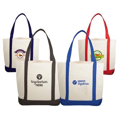 10 oz. Cotton Canvas Boat Tote Bags Front Pocket, Color Contrasting Handle W/ Gusset (12"x14"x5")
